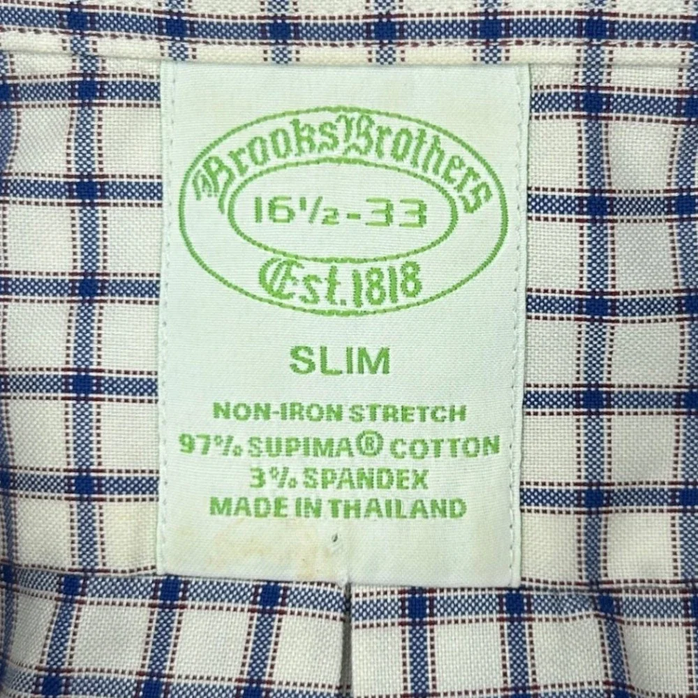 Brooks Brothers Dress Shirt‎ 16.5 33 Men's White Navy Slim Fit Non-Iron Stretch
